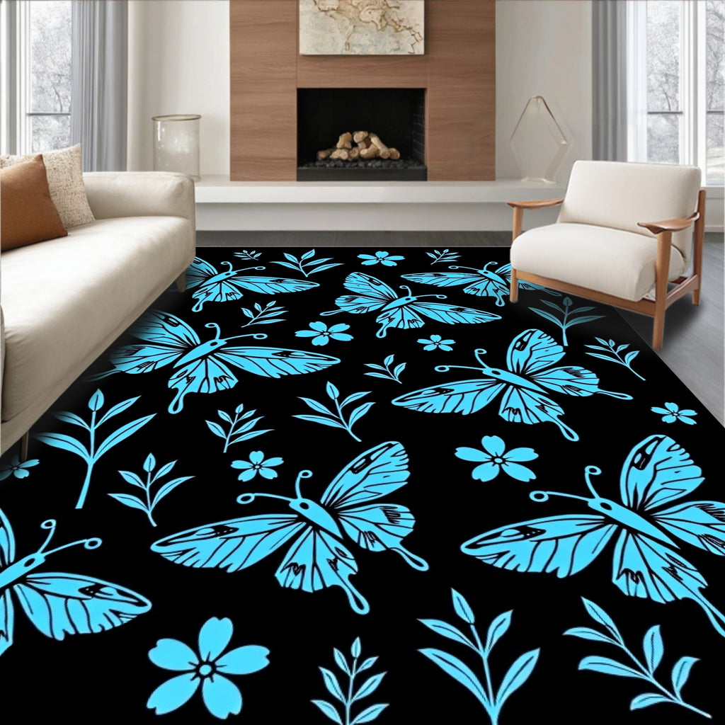 Bright Blue Butterfly Garden Whimsy Rug