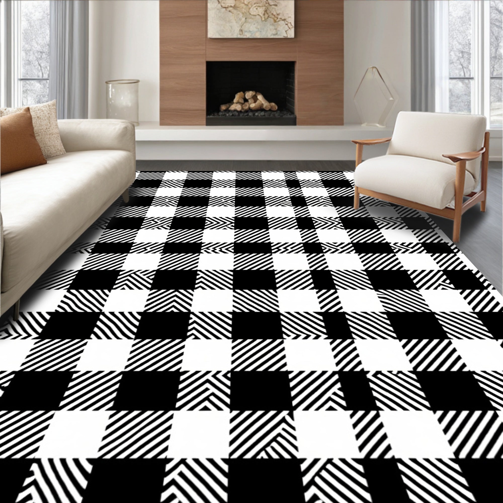 Black White Checkered Lines Rug