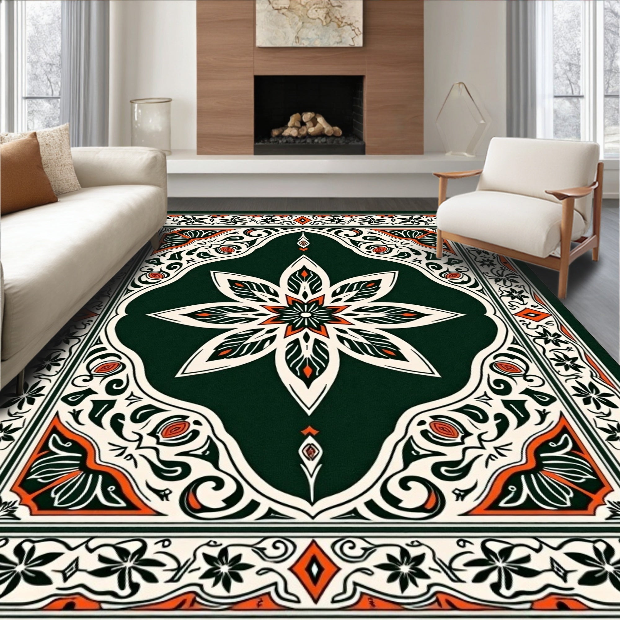 Intricate Floral Medallion Border Design Rug