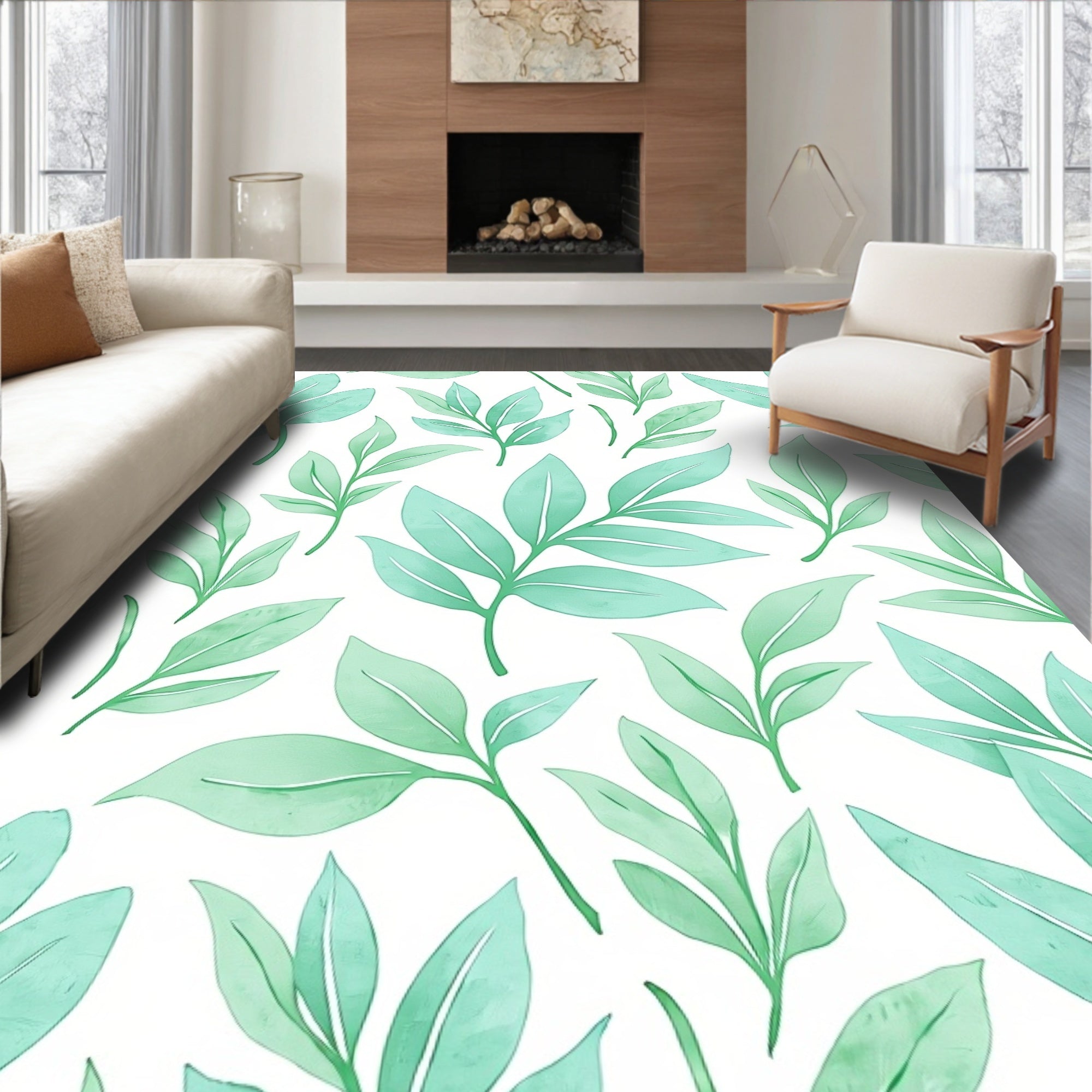 Aqua Leaf Pattern Watercolor Rug