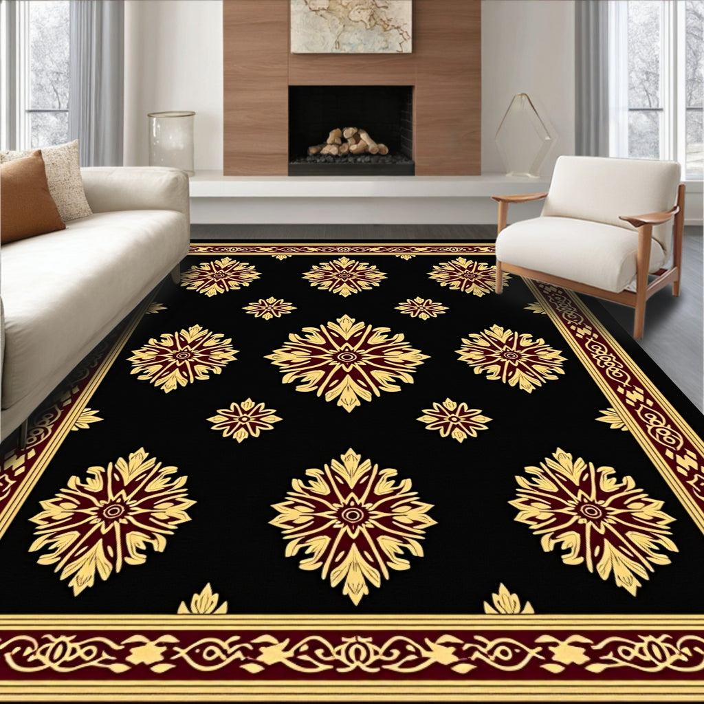 Ornate Gold Floral Patterned Rug