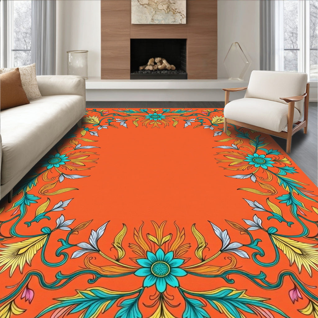Vibrant Floral Scroll Border Design Rug