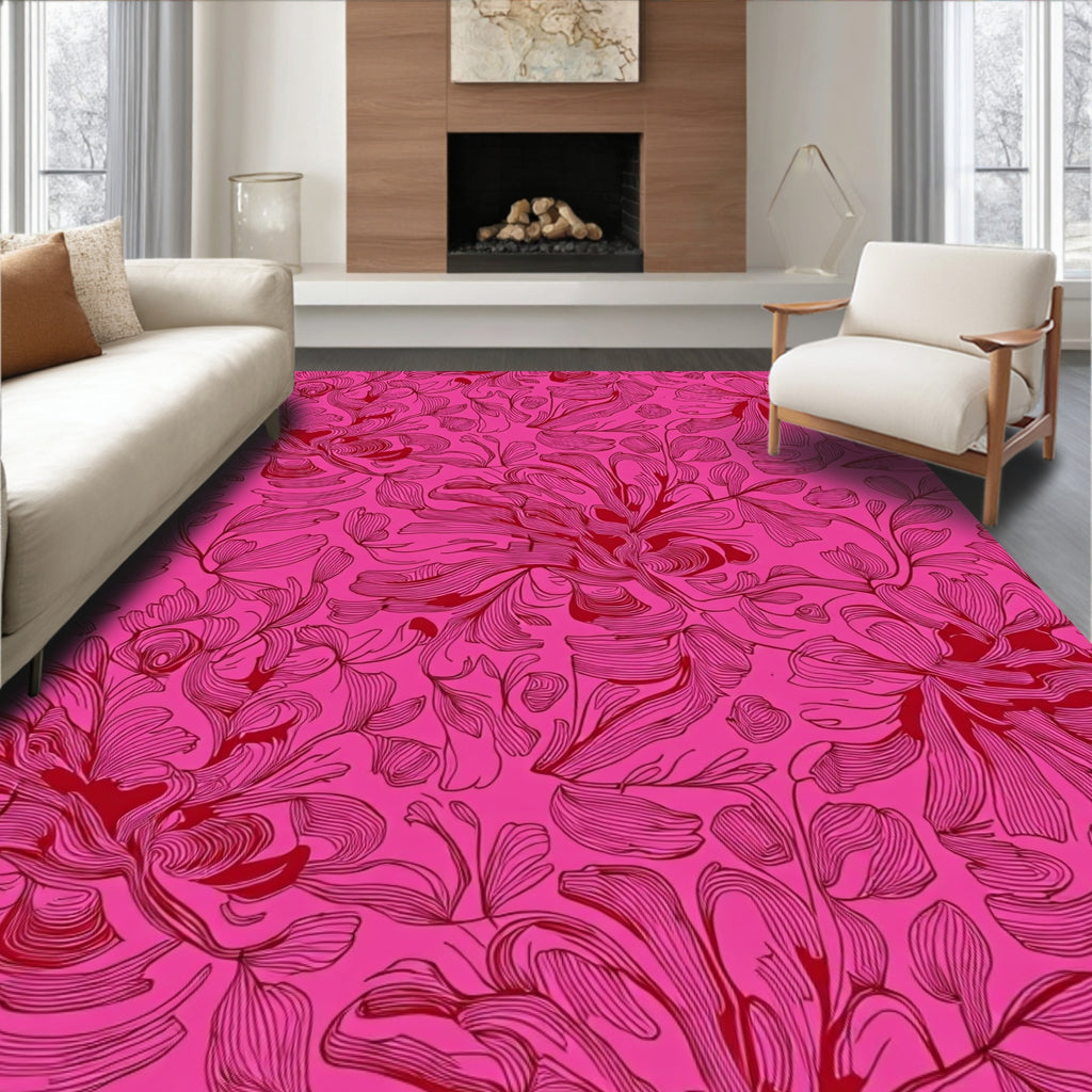 Whimsical Pink Red Floral Pattern Rug
