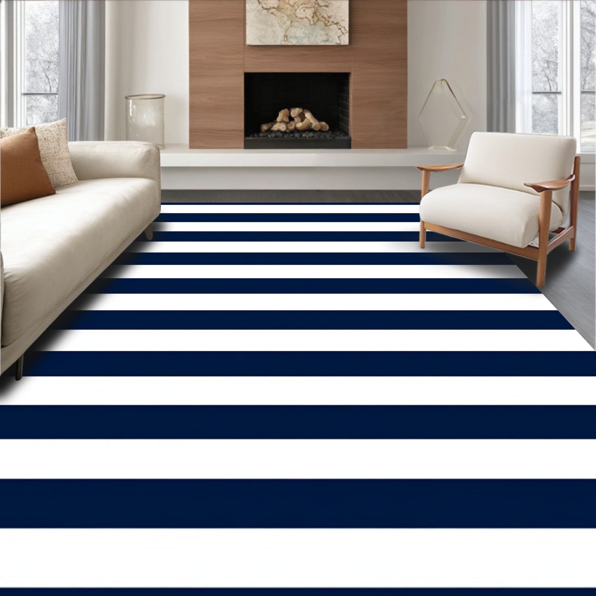 Classic Navy White Stripe Design Rug