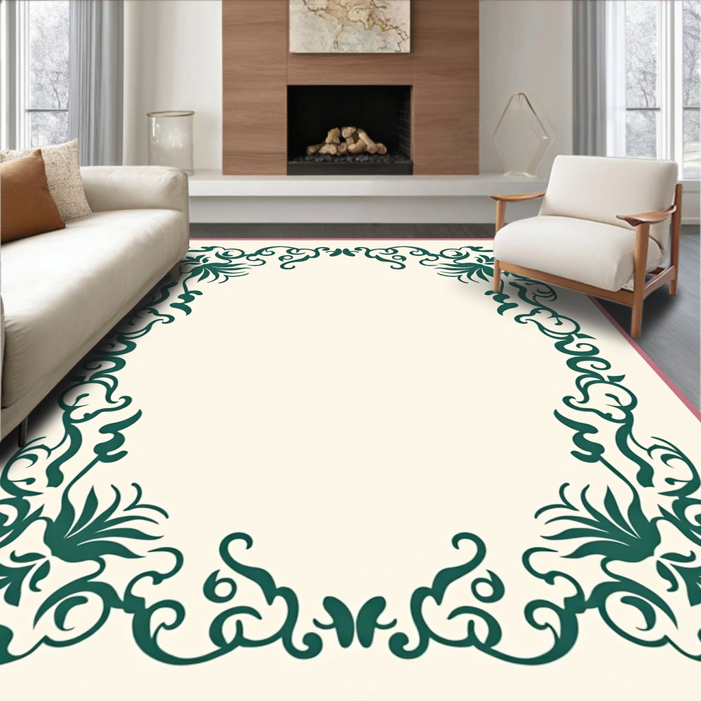Emerald Green Floral Scroll Border Design Rug