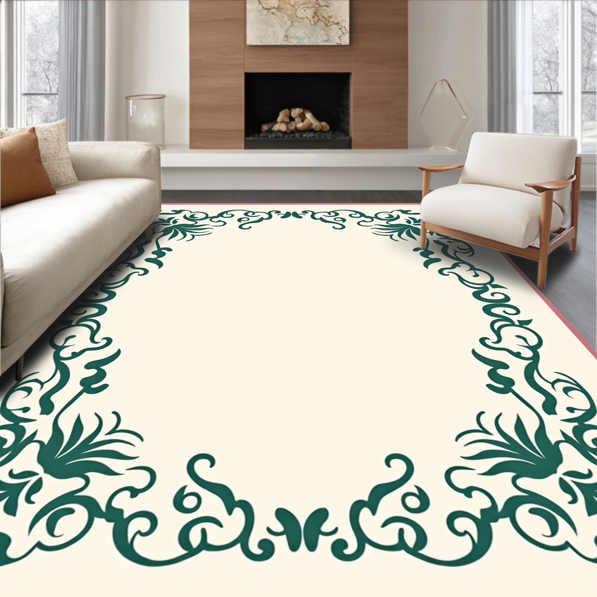 Emerald Green Floral Scroll Border Design Rug