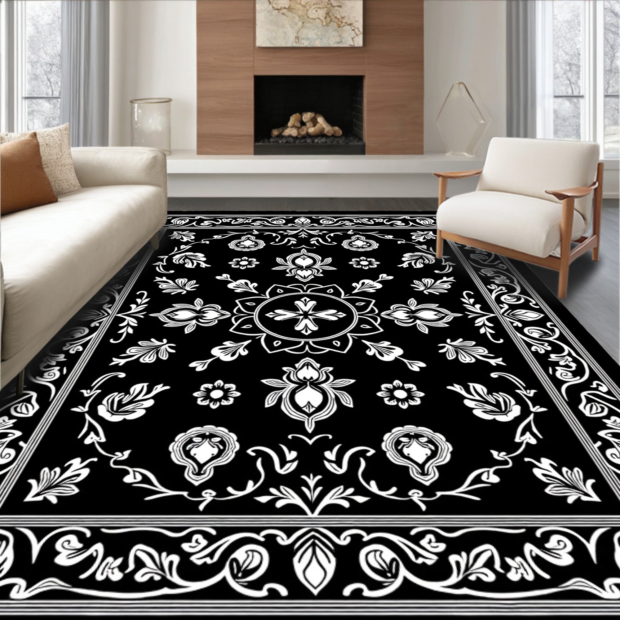 Elegant Black White Floral Medallion Rug