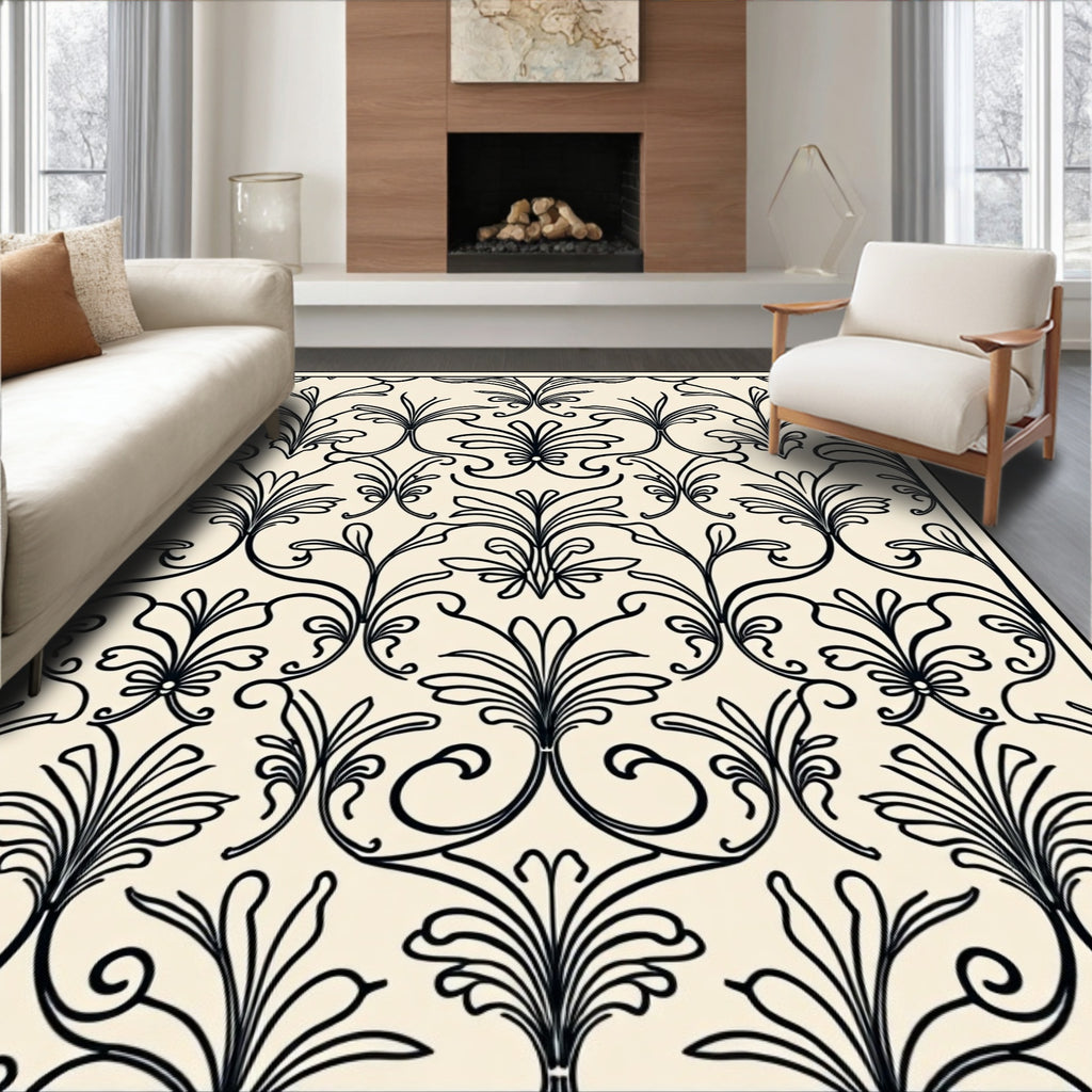 Elegant Black Cream Floral Damask Rug