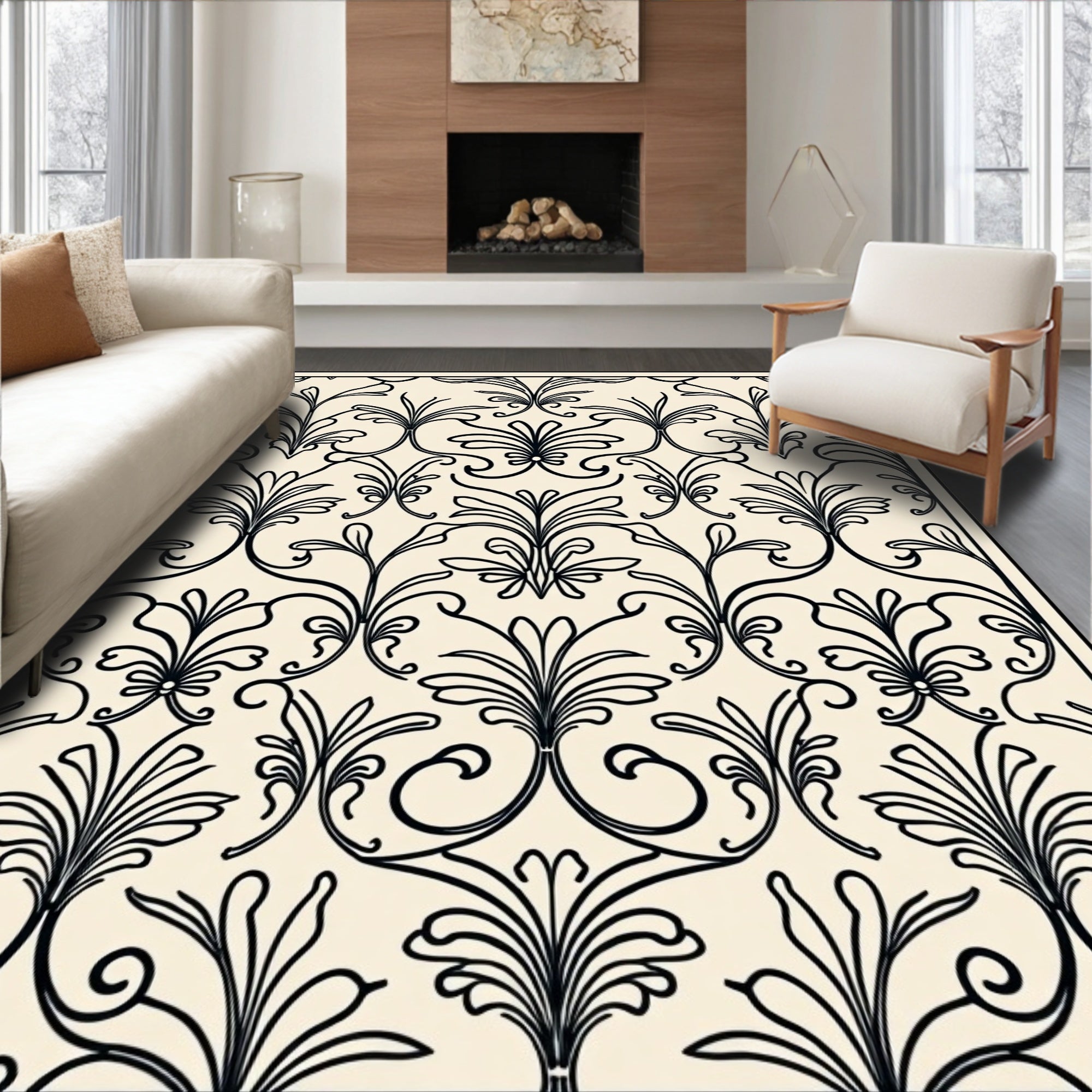 Elegant Black Cream Floral Damask Rug