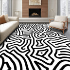 Black White Organic Maze Pattern Rug
