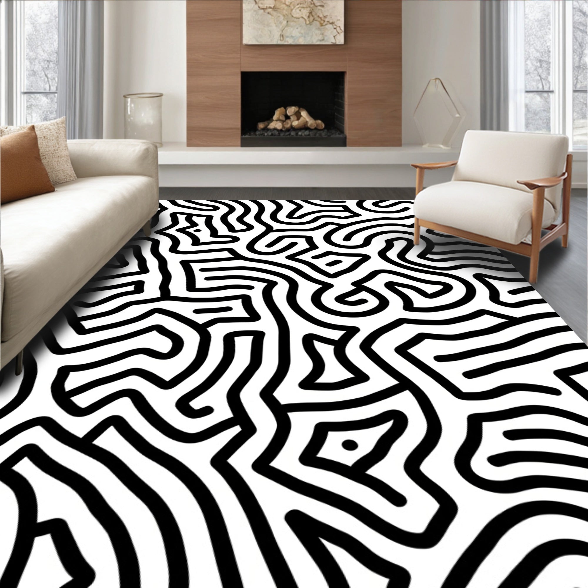 Black White Organic Maze Pattern Rug