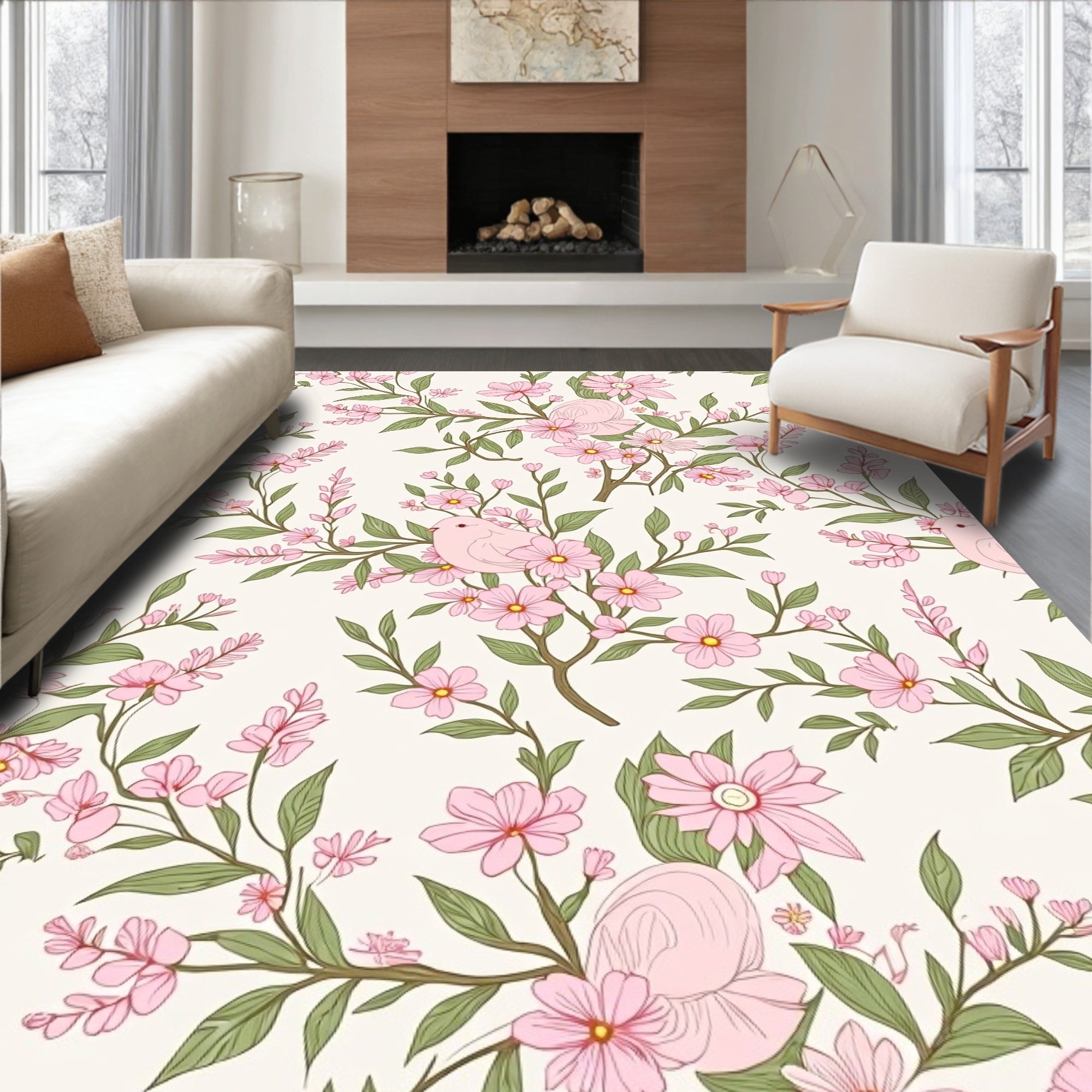Pink Blossom Bird Pattern Design Rug
