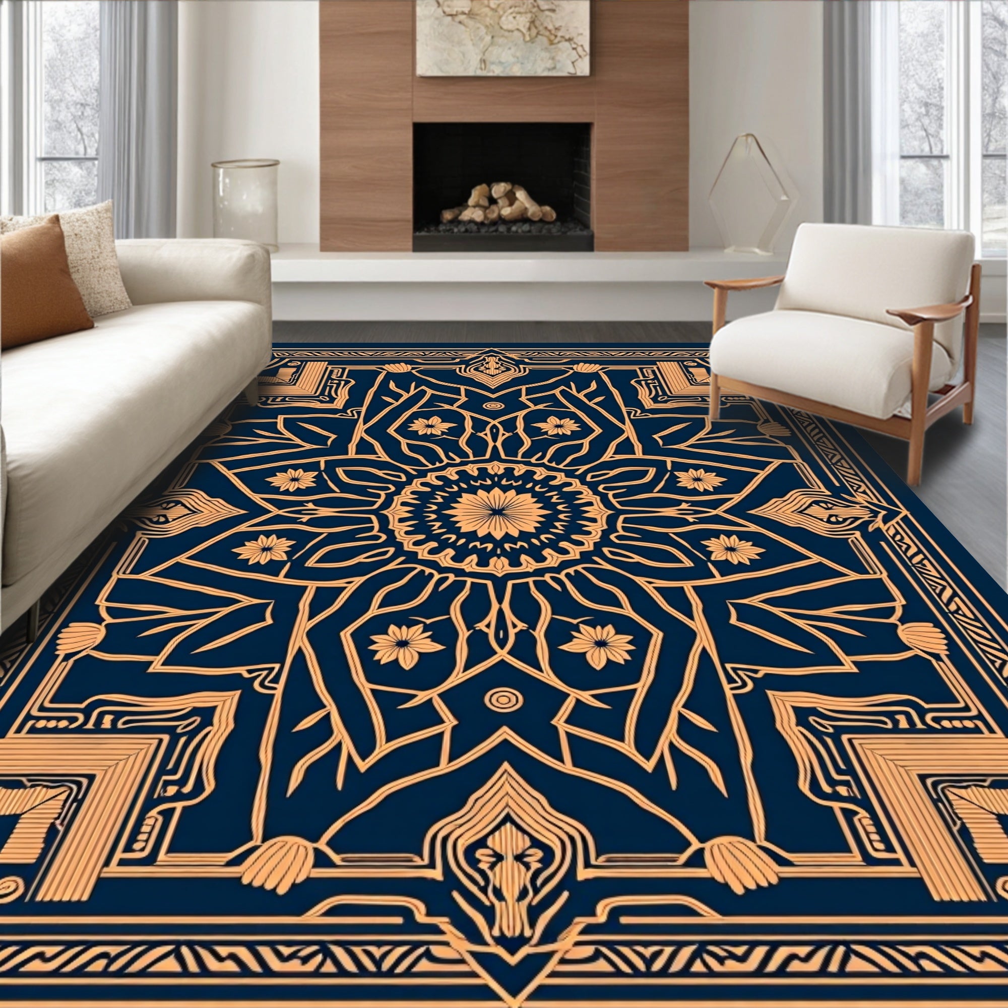 Golden Floral Medallion Navy Rug